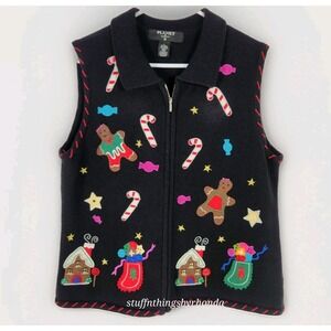 Vintage Christmas Zip Sweater Vest Womens Large Black Gingerbread House Applique